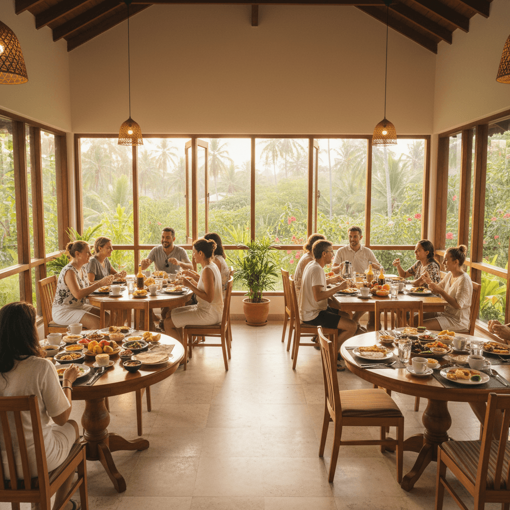 Guests dining together in the bright breakfast area