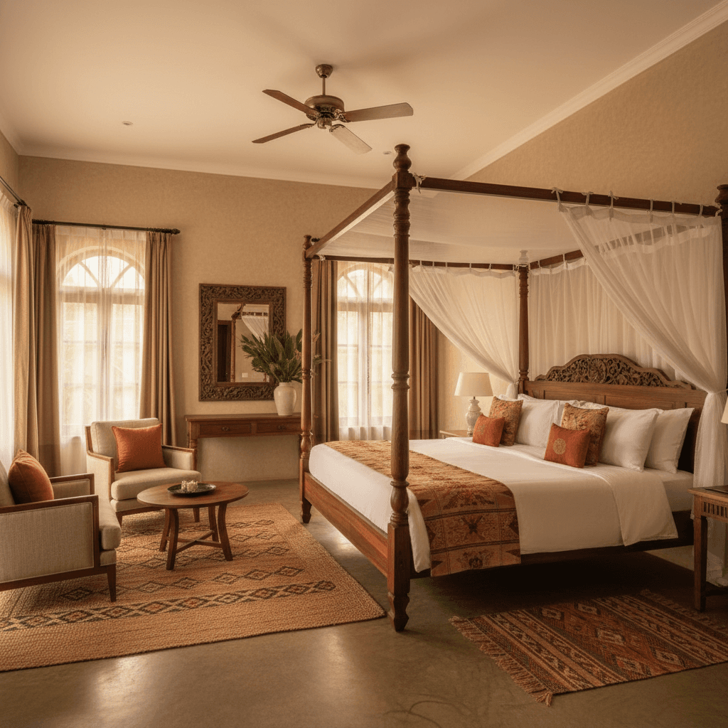 Comfortable guest bedroom with natural light and Sri Lankan decor